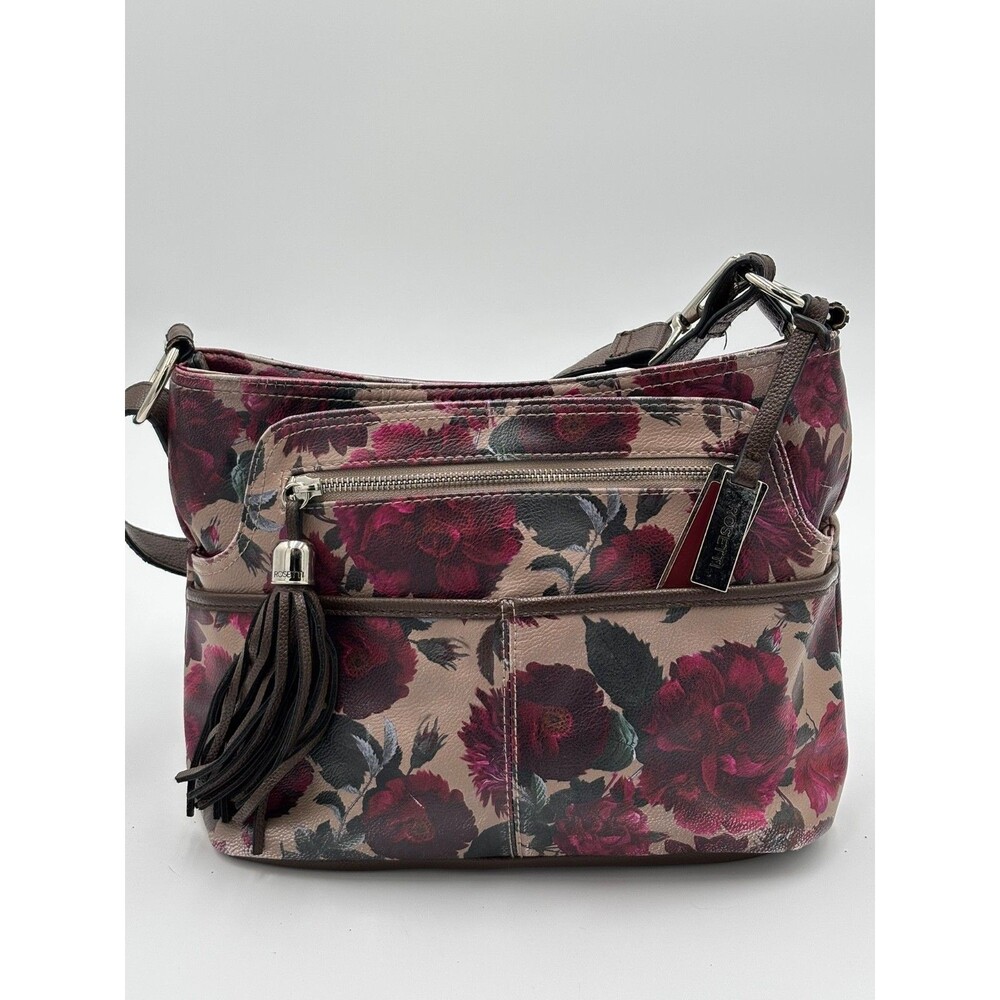 Rosetti Floral Crossbody Shoulder Bag Faux Leather Burgundy Brown